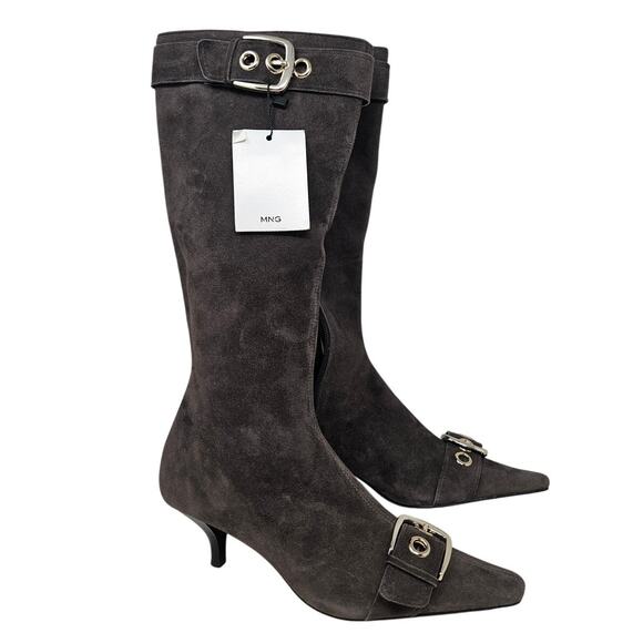 NEW MNG Mango 36 Gray Suede Leather Buckle Tall Boot Kitten Heel Minimalist - Picture 1 of 4